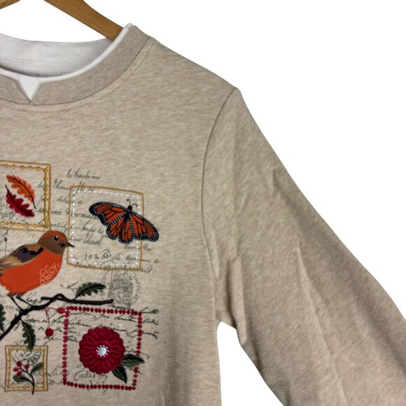 Breckenridge Bird Monarch Butterfly Floral Vtg Sweatshirt Small Tan Applique - Picture 5 of 9